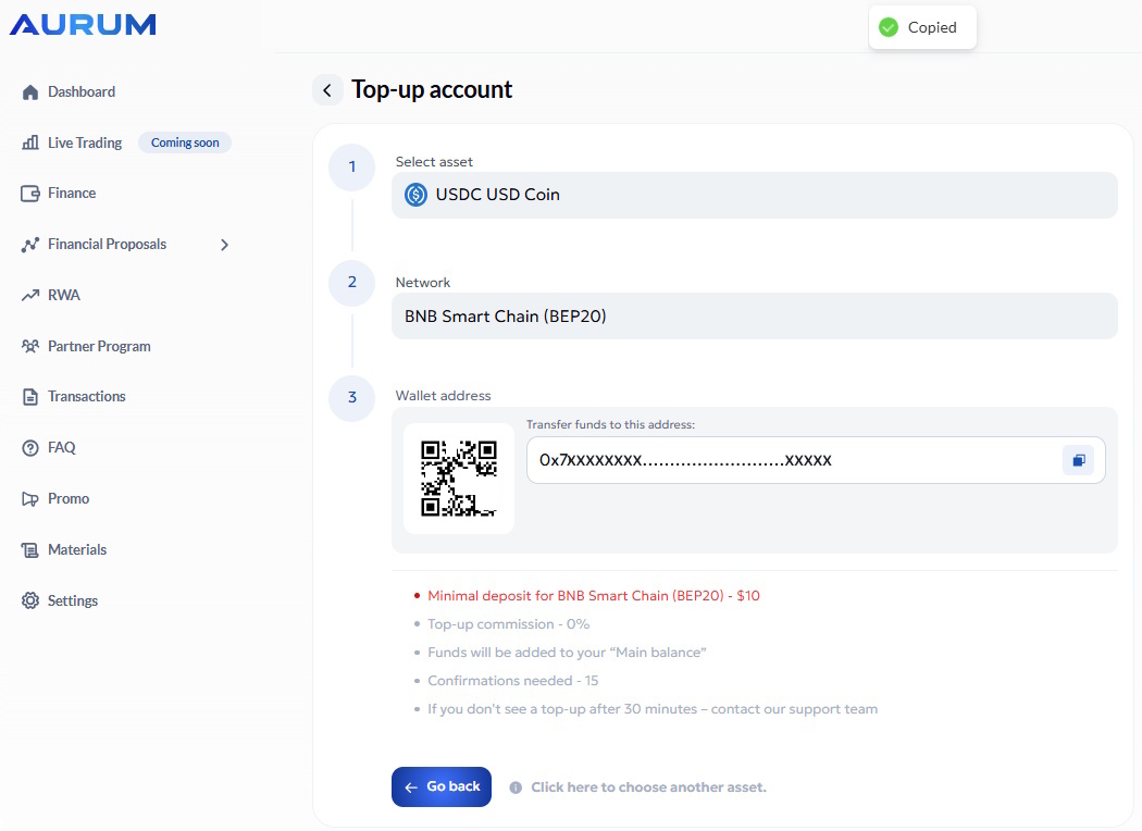 Copy the Aurum wallet address
