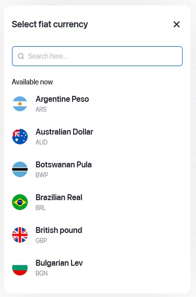 Select your fiat currency