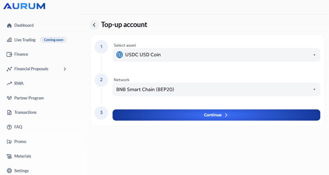 Open the Top-up account screen in Aurum
